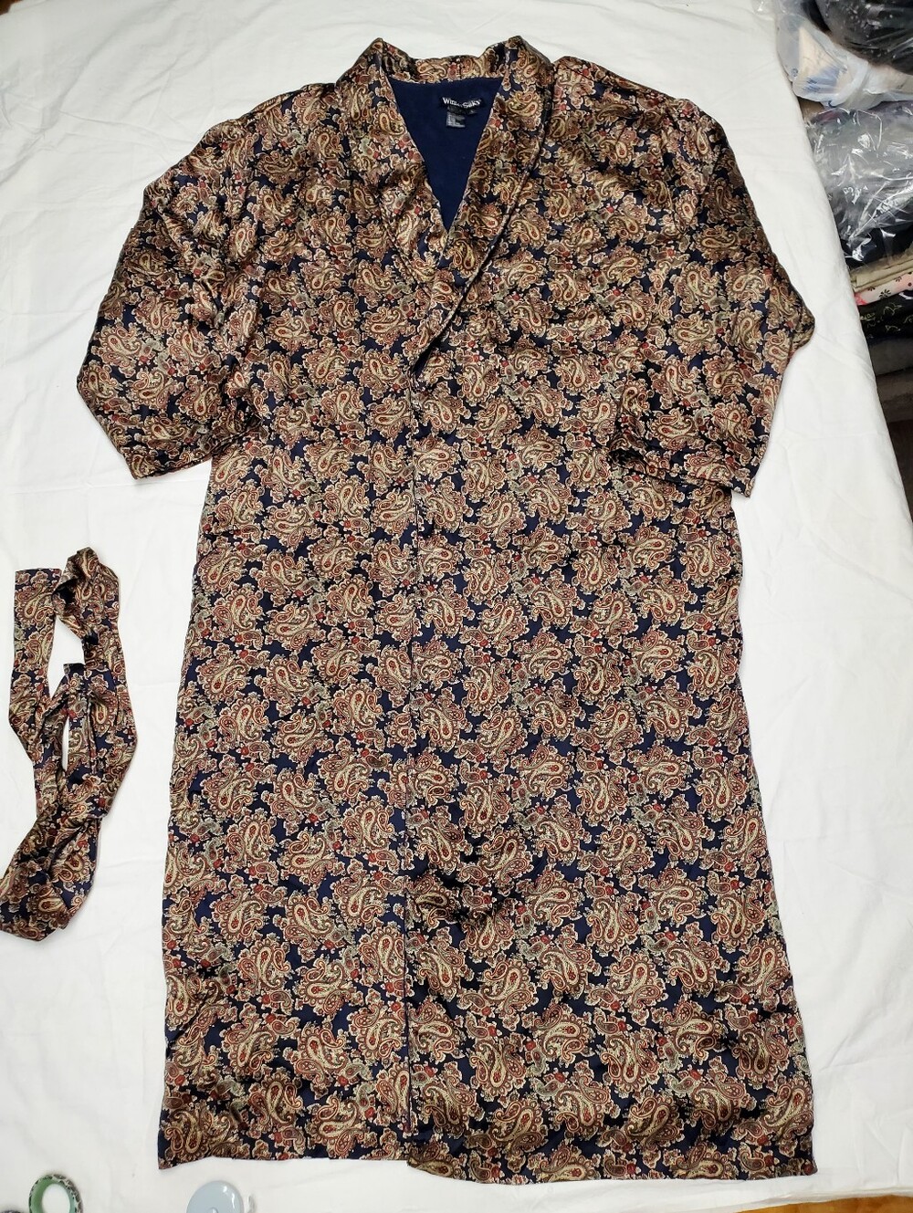 WinterSilks Mens Silk Paisley Robe L Navy Terry Lined Shawl Collar Smoking Robe